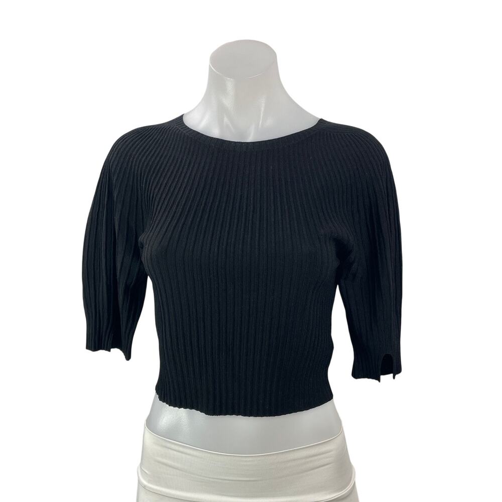 Favorite Daughter Women's Black Short Puff Sleeve Ribbed Knit Cropped Blouse S